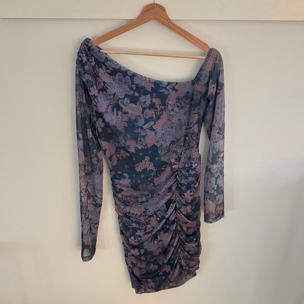 Free People Women’s Floral Mesh Ruched Mini Dress Long Sleeve Bodycon Size L